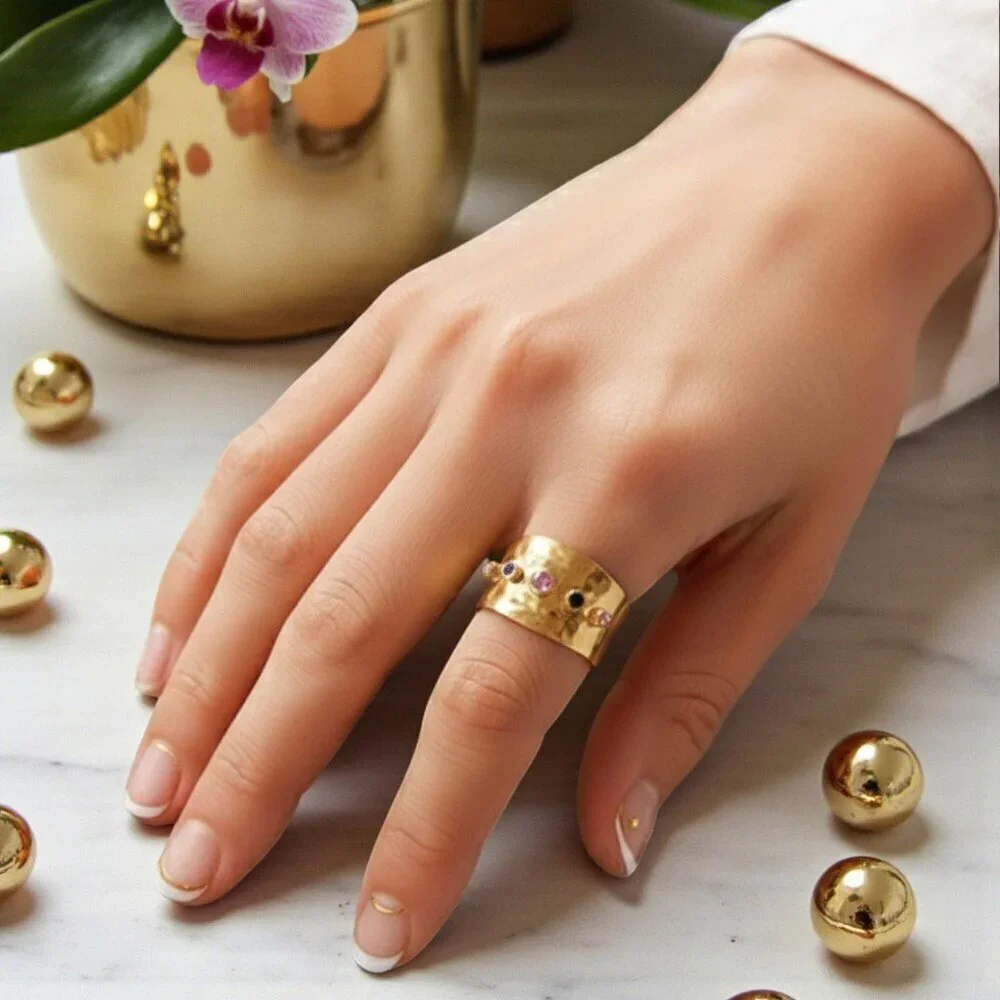 18K Gold Plated Hammered Ring Adjustable Colorful CZ Gemstones Bold Look